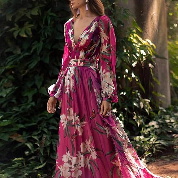 Paola – Floral V-Neck Long-Sleeve Maxi Dress for Women