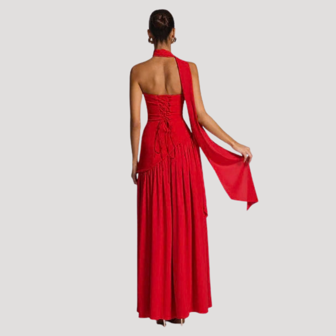 Juliet – Strapless Pleated Maxi Dress with Neck Scarf Detail