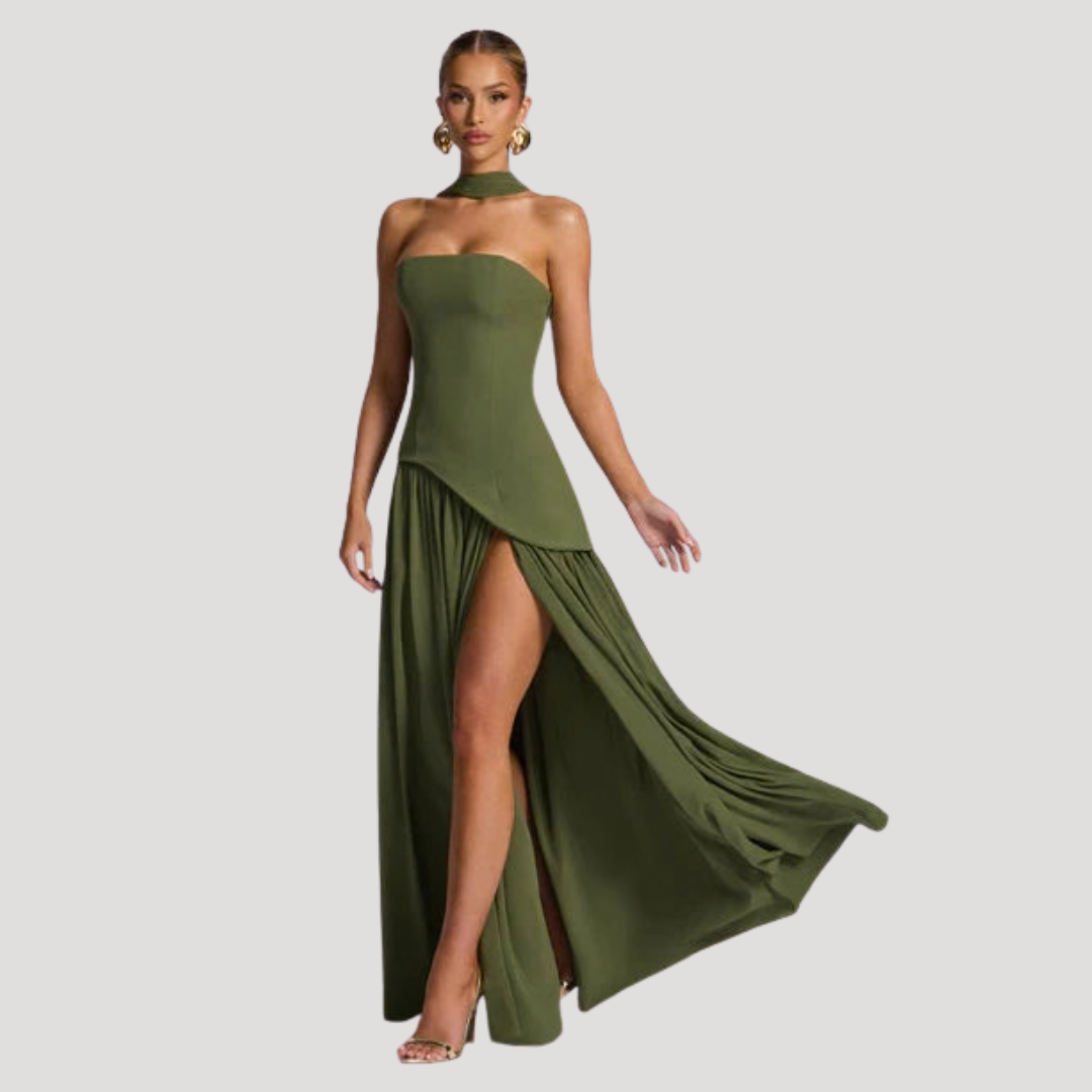 Juliet – Strapless Pleated Maxi Dress with Neck Scarf Detail