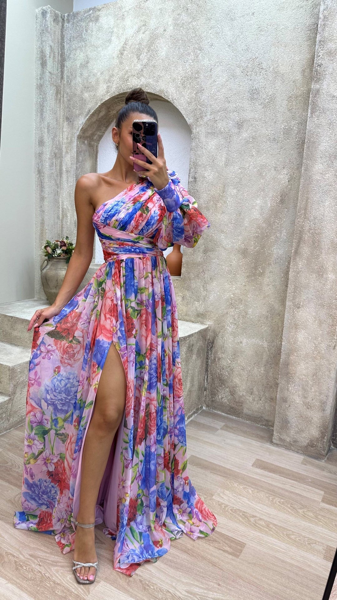 Alexa – Floral One-Shoulder Puff-Sleeve Maxi Dress