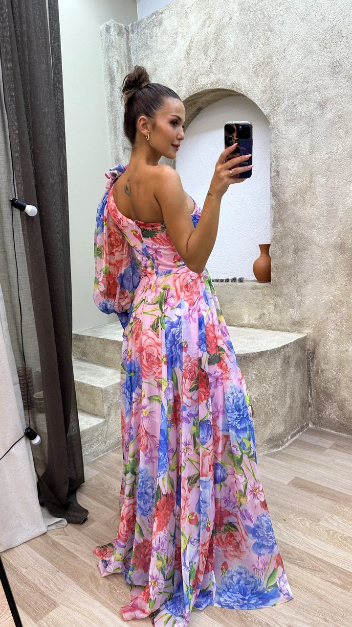Alexa – Floral One-Shoulder Puff-Sleeve Maxi Dress