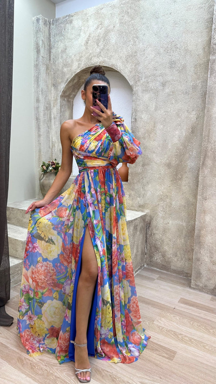 Alexa – Floral One-Shoulder Puff-Sleeve Maxi Dress