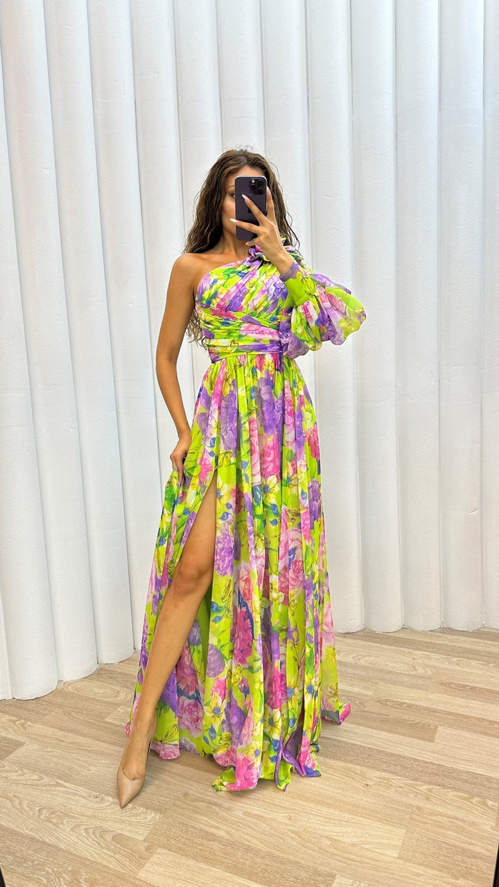 Alexa – Floral One-Shoulder Puff-Sleeve Maxi Dress