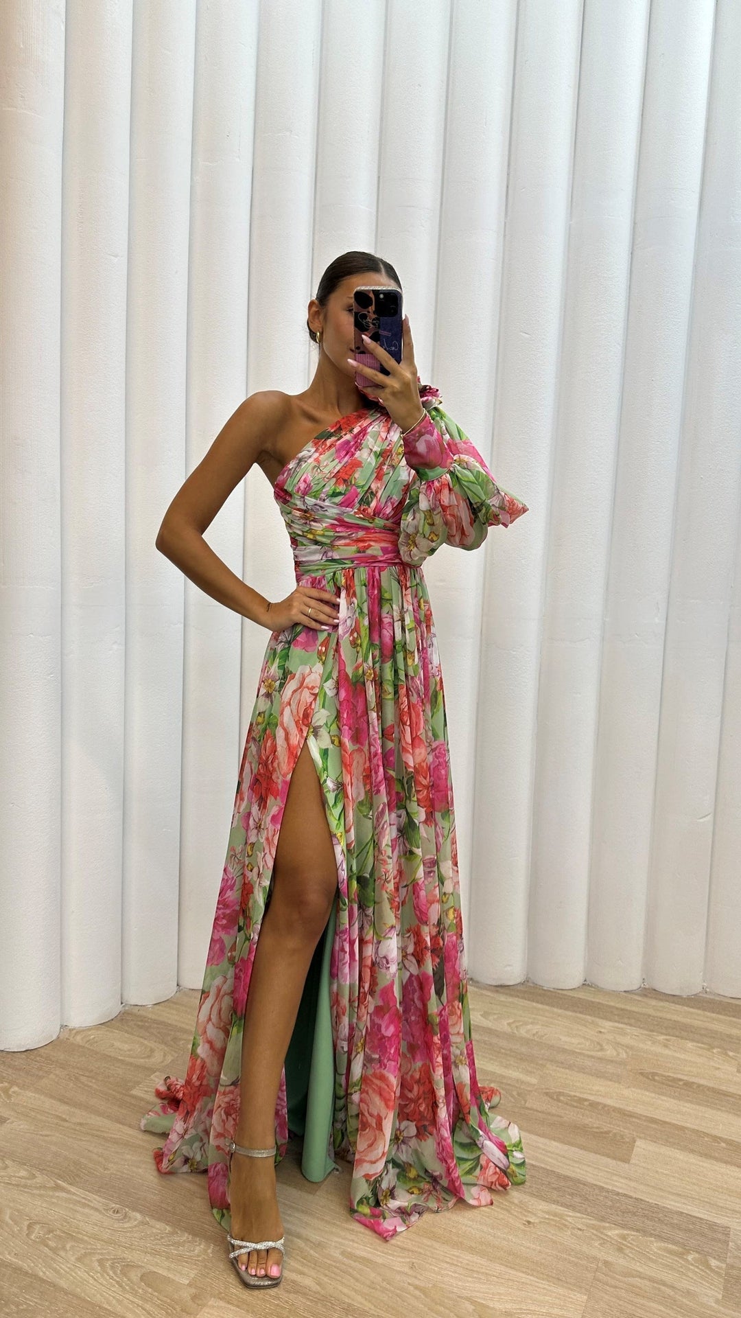 Alexa – Floral One-Shoulder Puff-Sleeve Maxi Dress