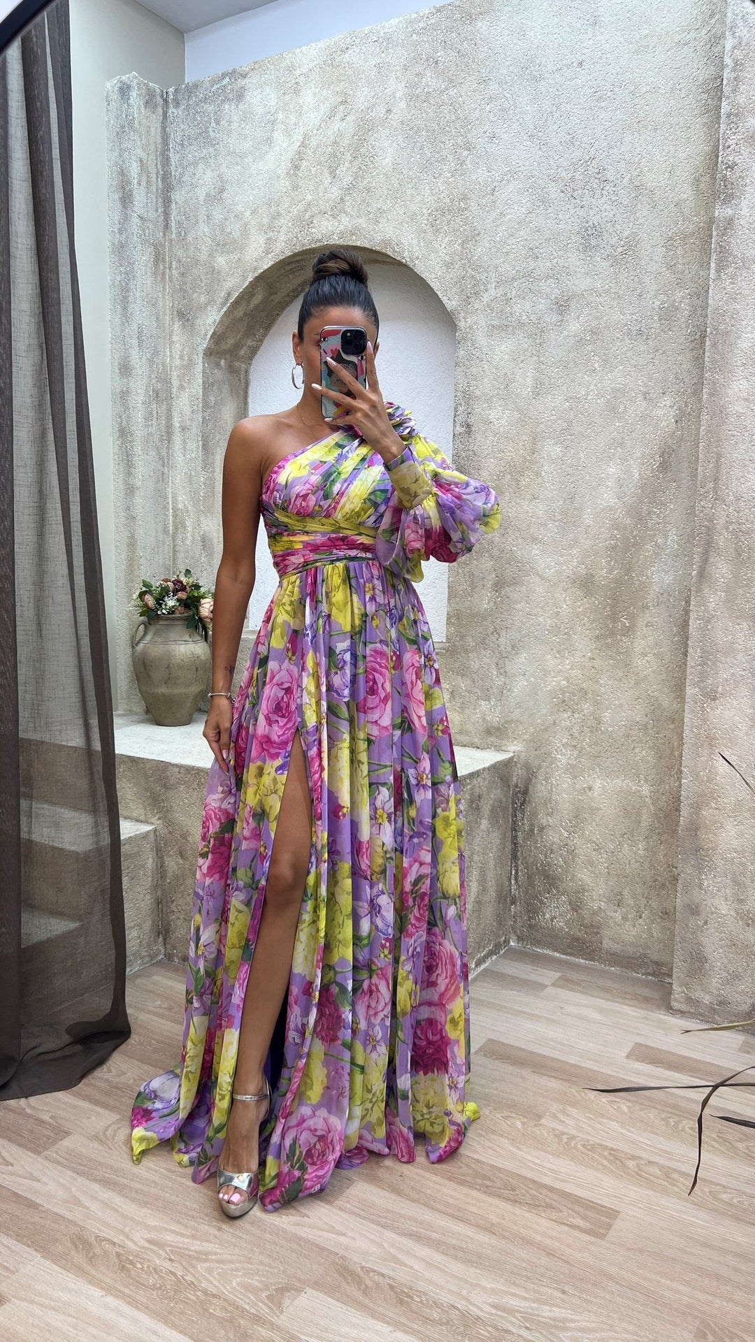 Alexa – Floral One-Shoulder Puff-Sleeve Maxi Dress
