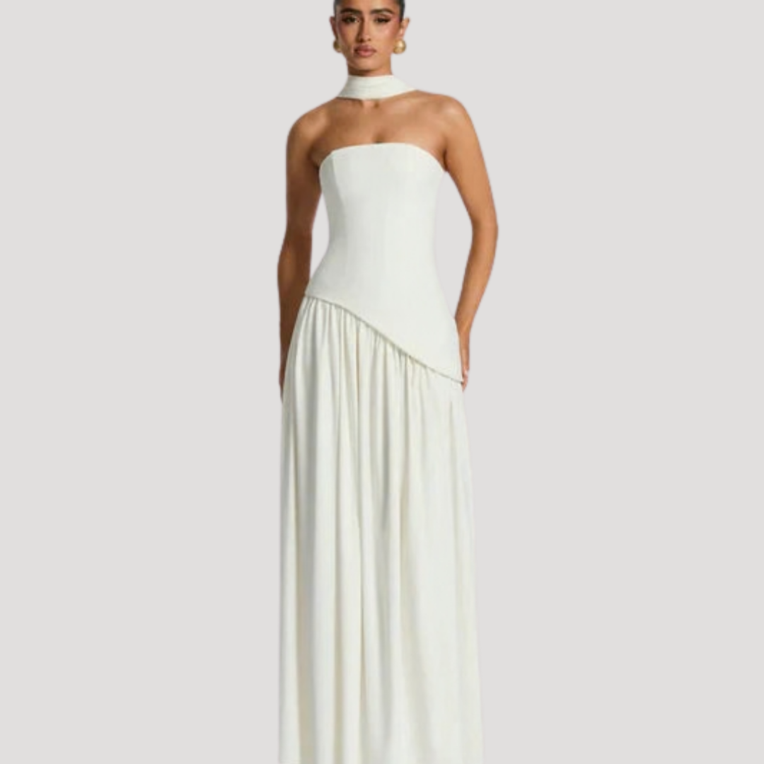 Juliet – Strapless Pleated Maxi Dress with Neck Scarf Detail
