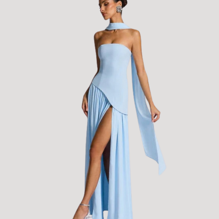 Juliet – Strapless Pleated Maxi Dress with Neck Scarf Detail