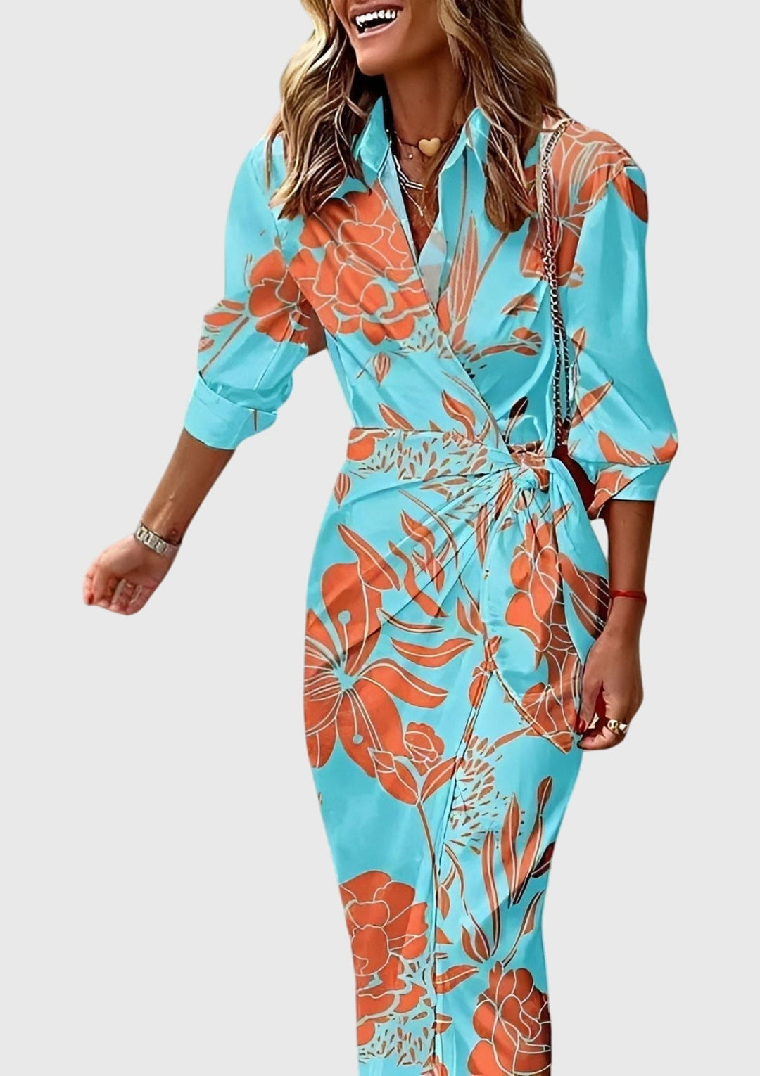 Marlene – Long-Sleeve Collared Wrap Midi Dress