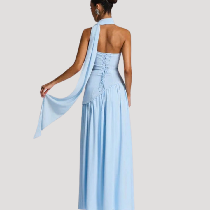 Juliet – Strapless Pleated Maxi Dress with Neck Scarf Detail