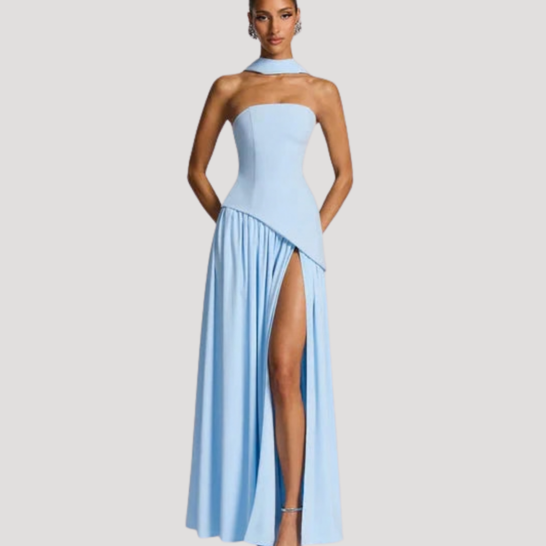 Juliet – Strapless Pleated Maxi Dress with Neck Scarf Detail