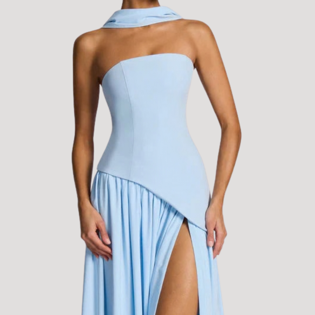 Juliet – Strapless Pleated Maxi Dress with Neck Scarf Detail
