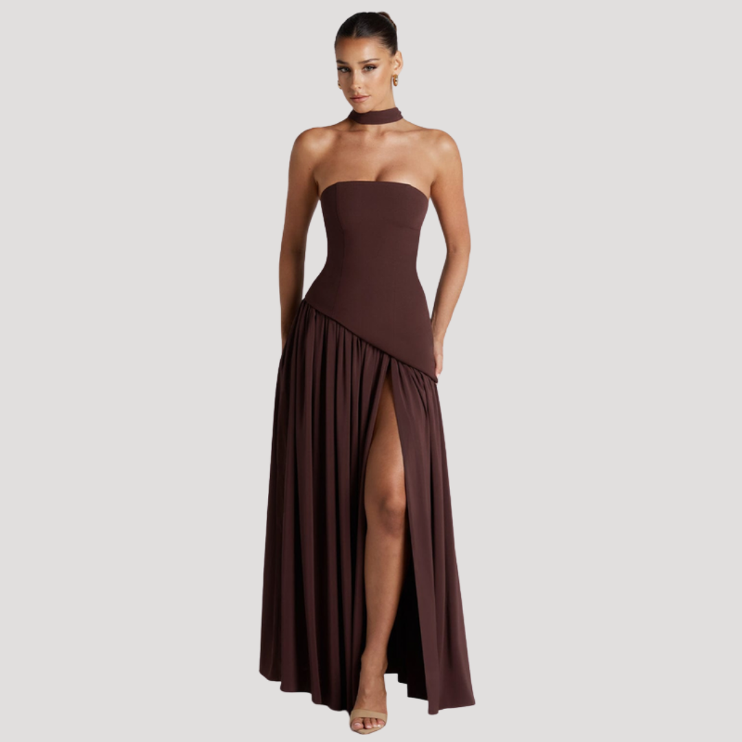 Juliet – Strapless Pleated Maxi Dress with Neck Scarf Detail