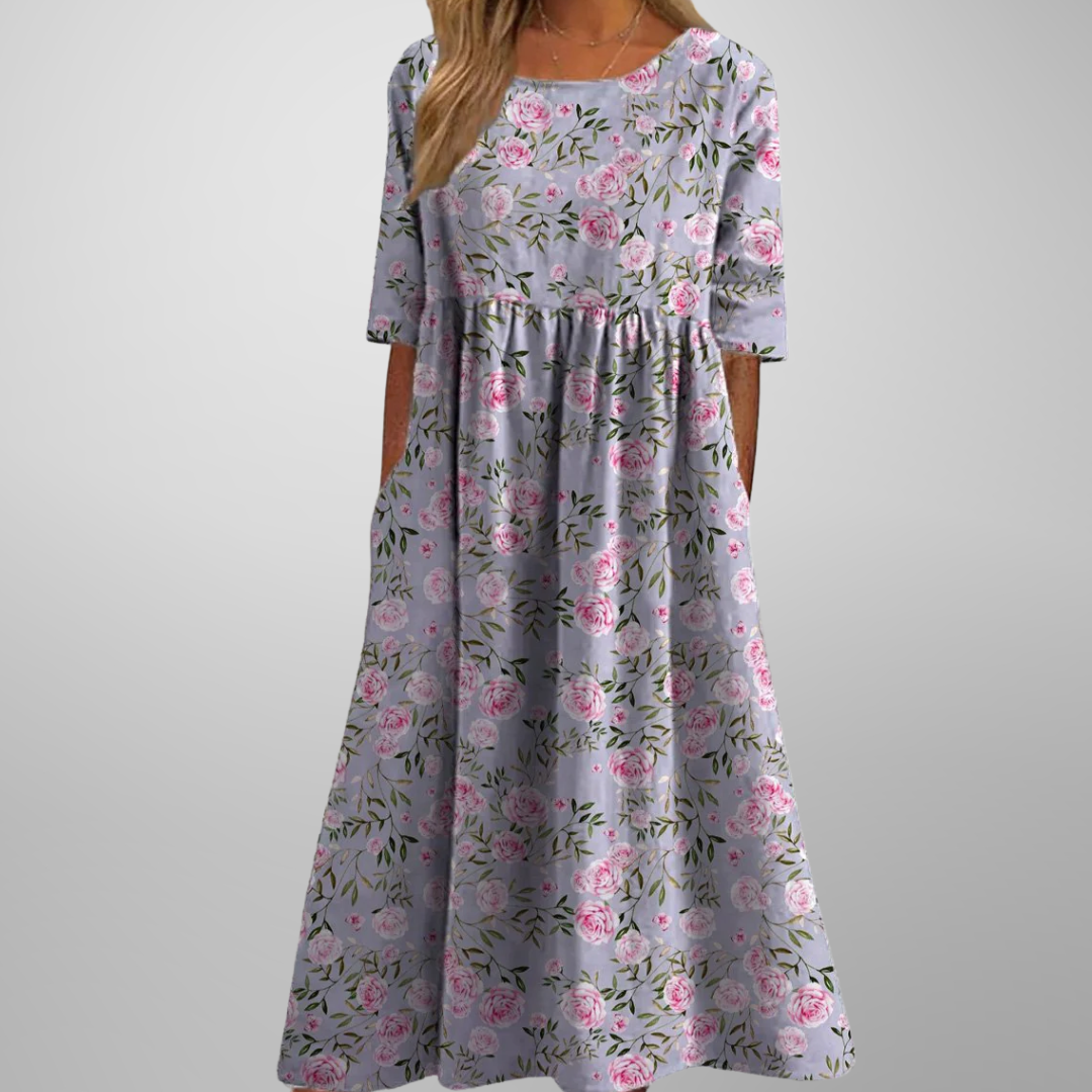 Carolyn – Elegant Floral Midi Dress with a Relaxed A-Line Silhouette