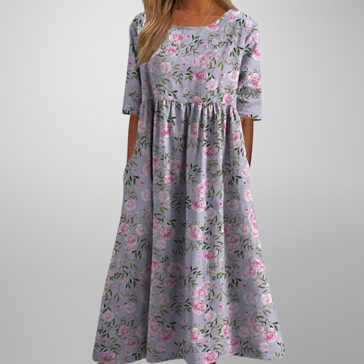 Carolyn – Elegant Floral Midi Dress with a Relaxed A-Line Silhouette