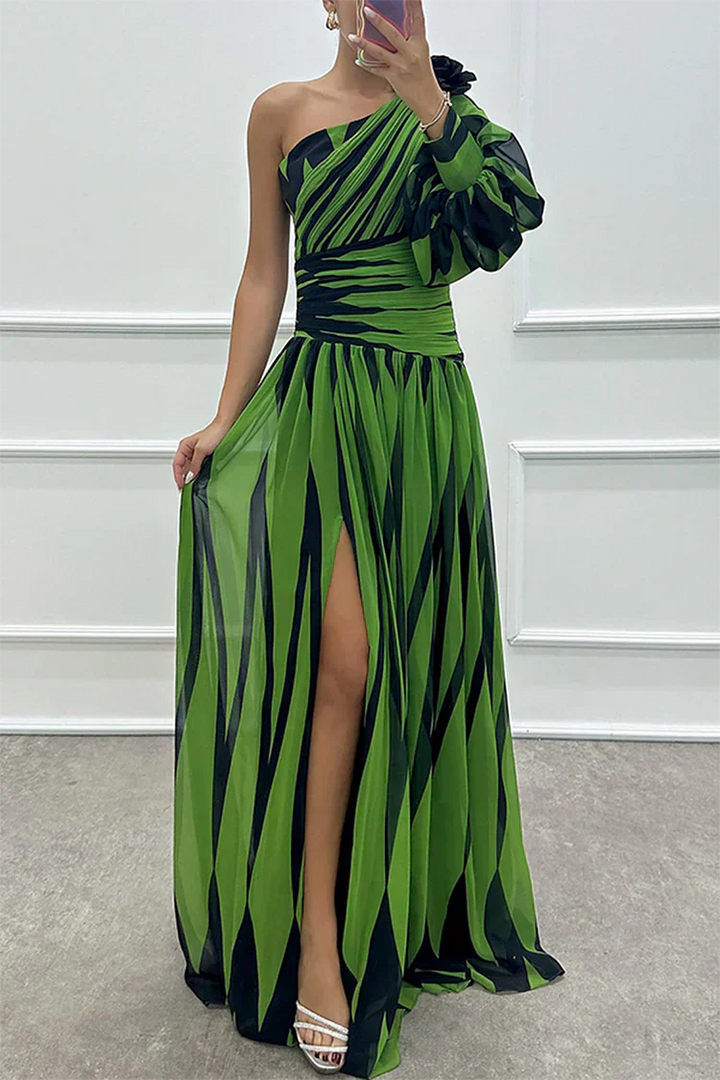 Adelaide | Striped One-Shoulder Maxi Dress with Front Slit