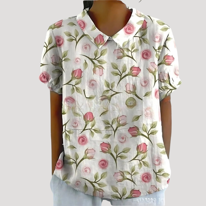 Lana – Floral Print Collared Short Sleeve Blouse