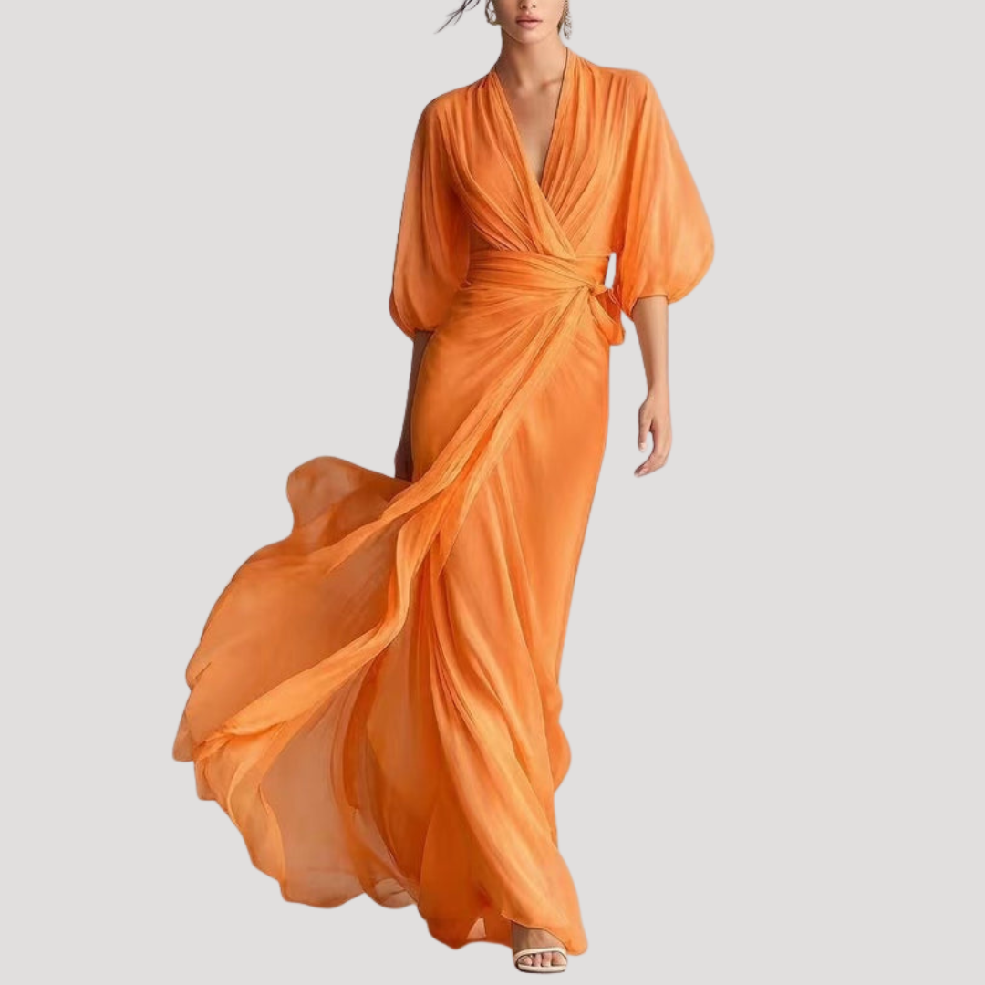 Kayla – Flowing Wrap Maxi Dress with Bishop Sleeves