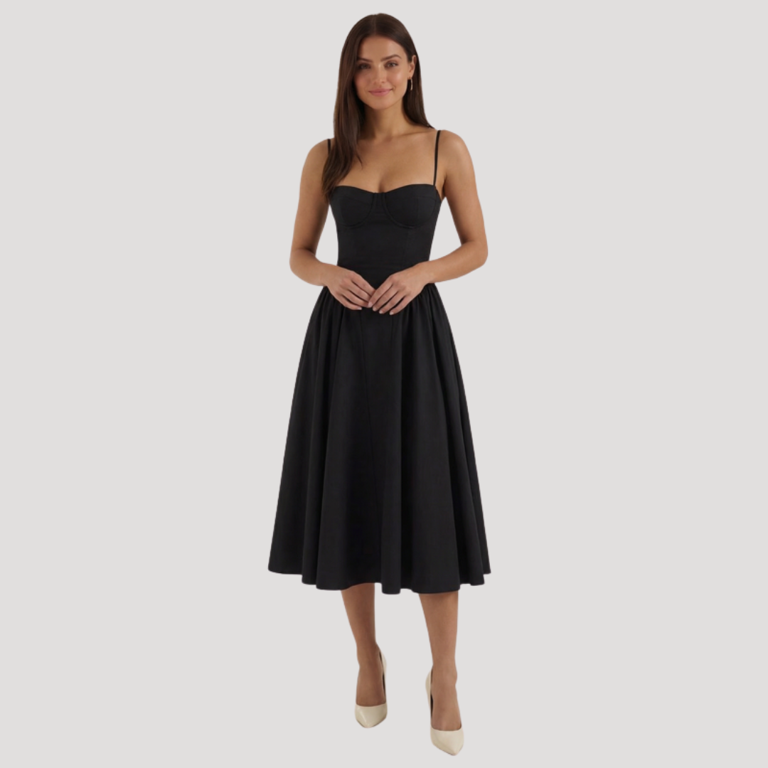 Kendra – Bustier Midi Dress with Gathered A-Line Skirt