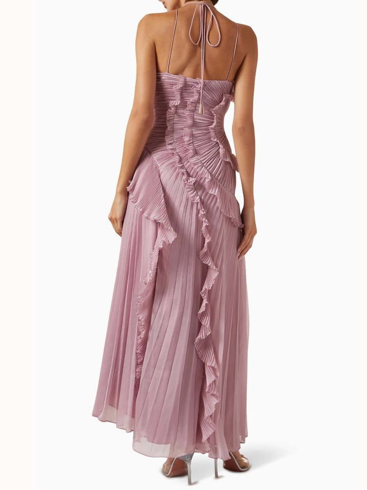 Vivienne – Pleated Halter Maxi Dress with Cascade Ruffle