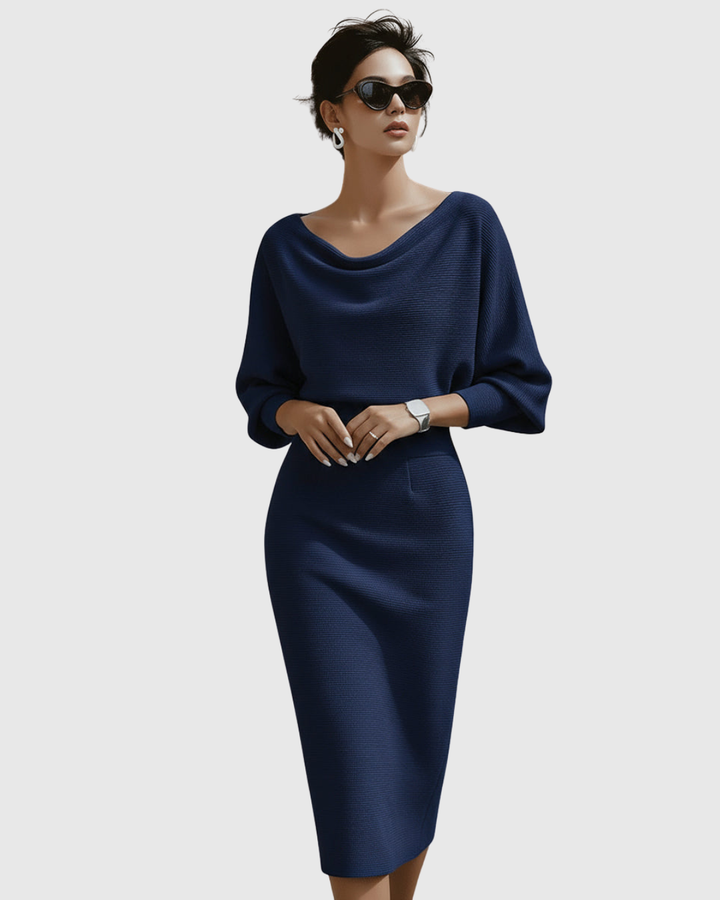 Genevieve – Draped Cowl-Neck Bodycon Midi Dress