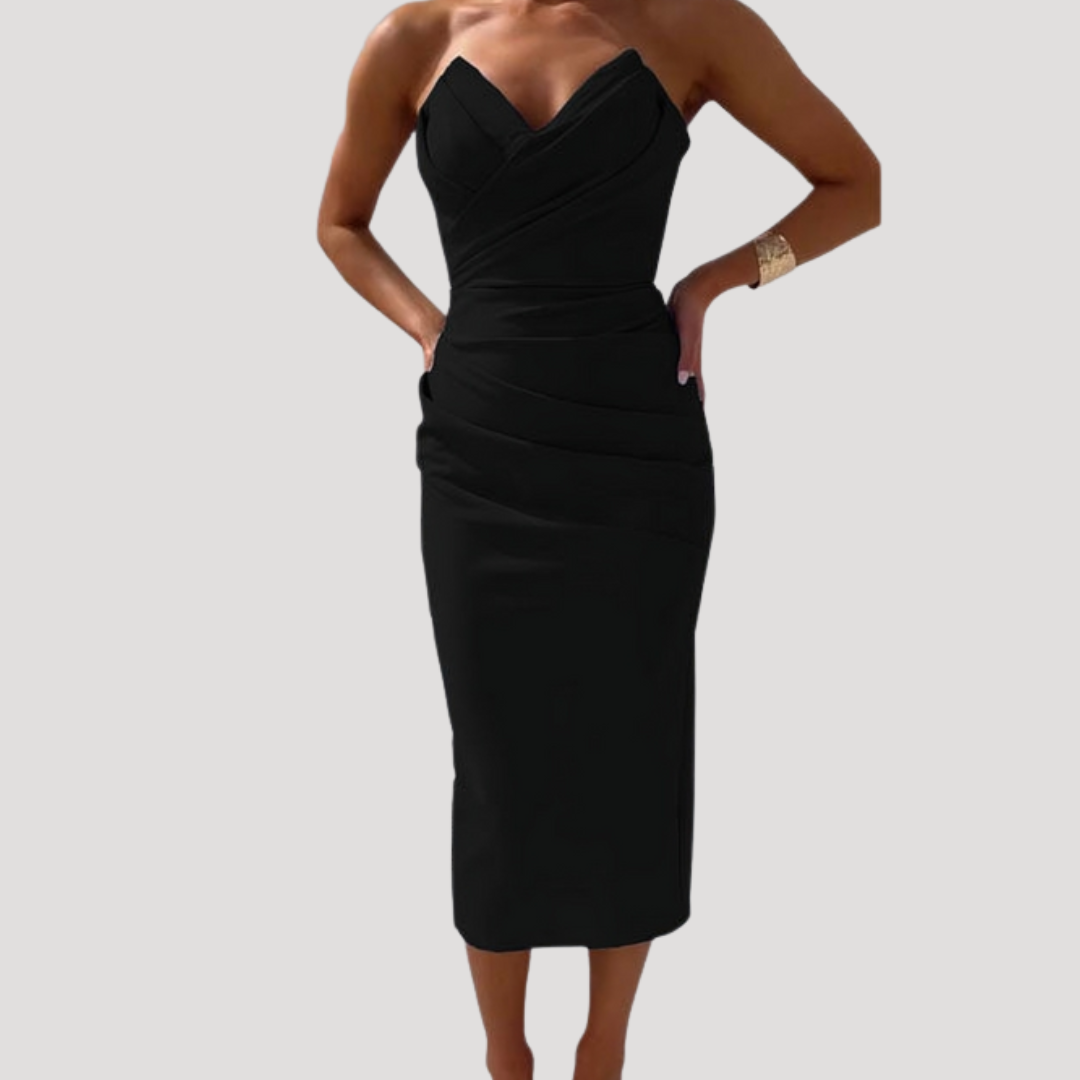 Kendall – Strapless Ruched Bodycon Midi Dress