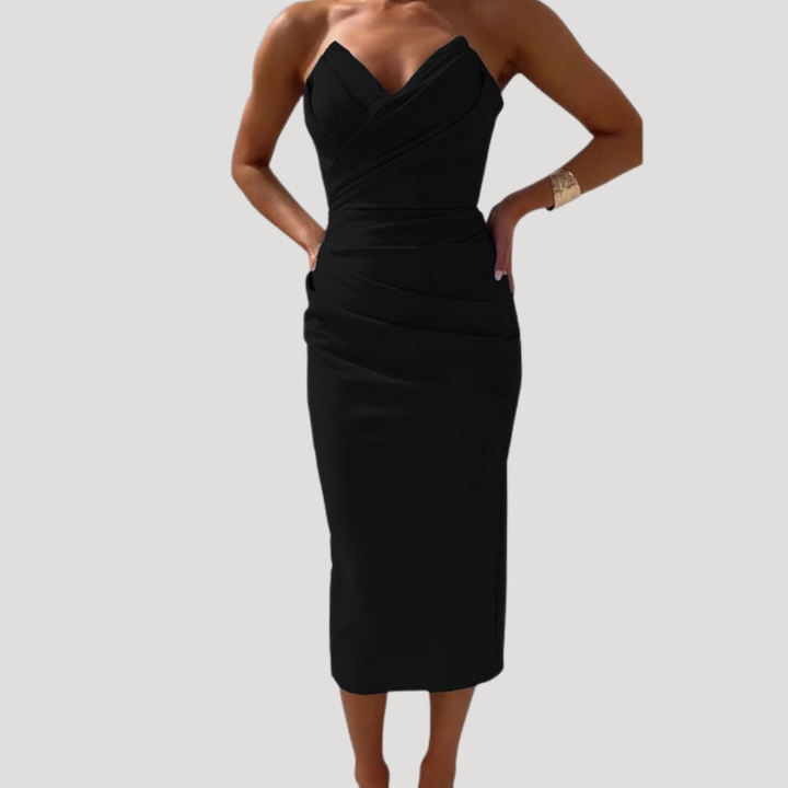 Kendall – Strapless Ruched Bodycon Midi Dress