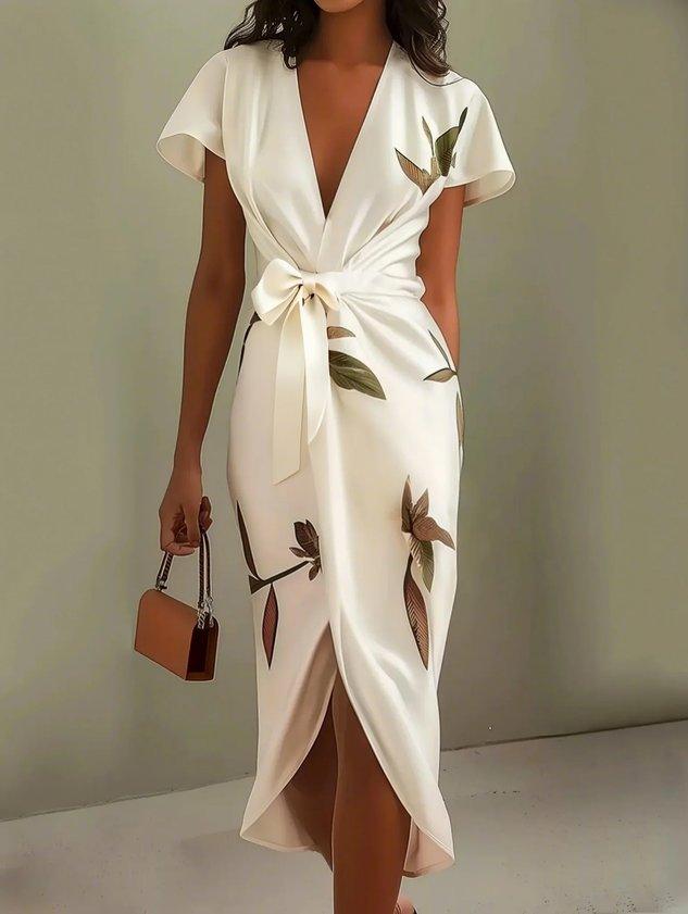 Harriet | Leaf Print Wrap Midi Dress with Tie Belt