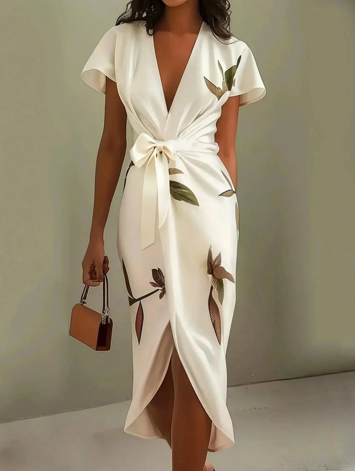 Harriet | Leaf Print Wrap Midi Dress with Tie Belt