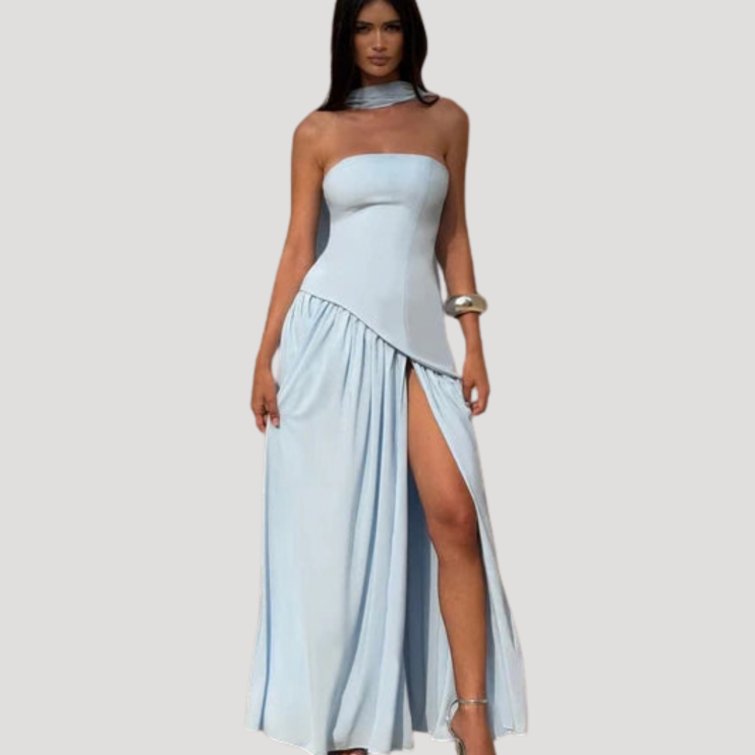 Juliet – Strapless Pleated Maxi Dress with Neck Scarf Detail