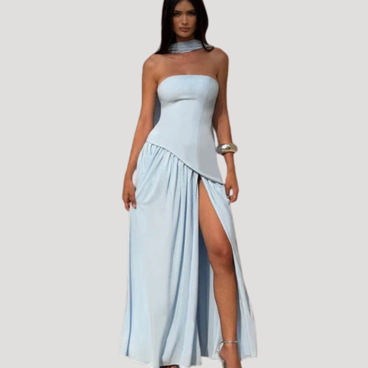 Juliet – Strapless Pleated Maxi Dress with Neck Scarf Detail