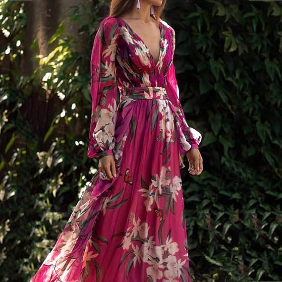 Paola – Floral V-Neck Long-Sleeve Maxi Dress for Women