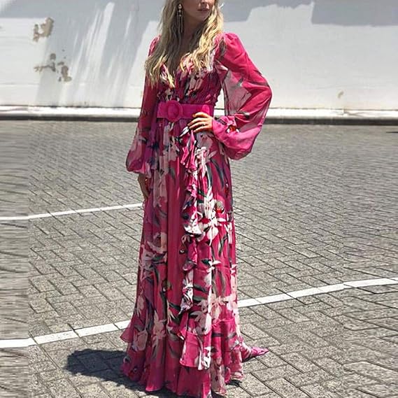 Paola – Floral V-Neck Long-Sleeve Maxi Dress for Women