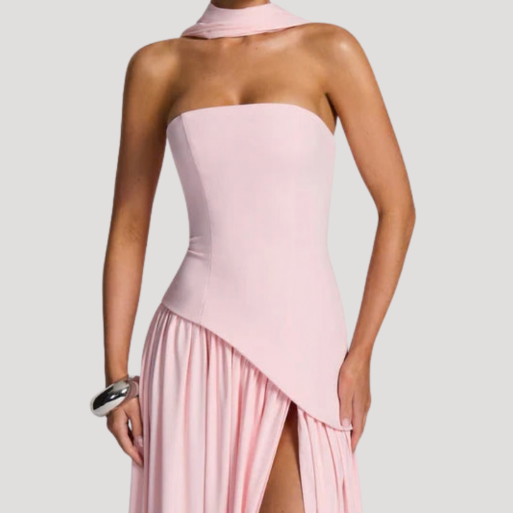 Juliet – Strapless Pleated Maxi Dress with Neck Scarf Detail