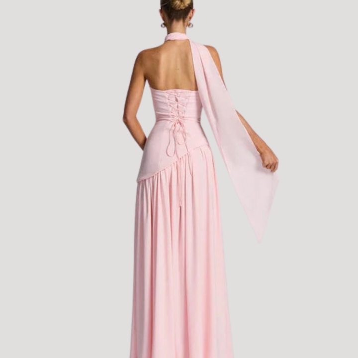 Juliet – Strapless Pleated Maxi Dress with Neck Scarf Detail