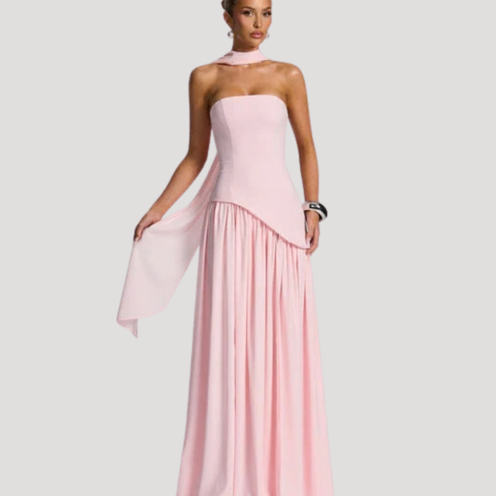 Juliet – Strapless Pleated Maxi Dress with Neck Scarf Detail