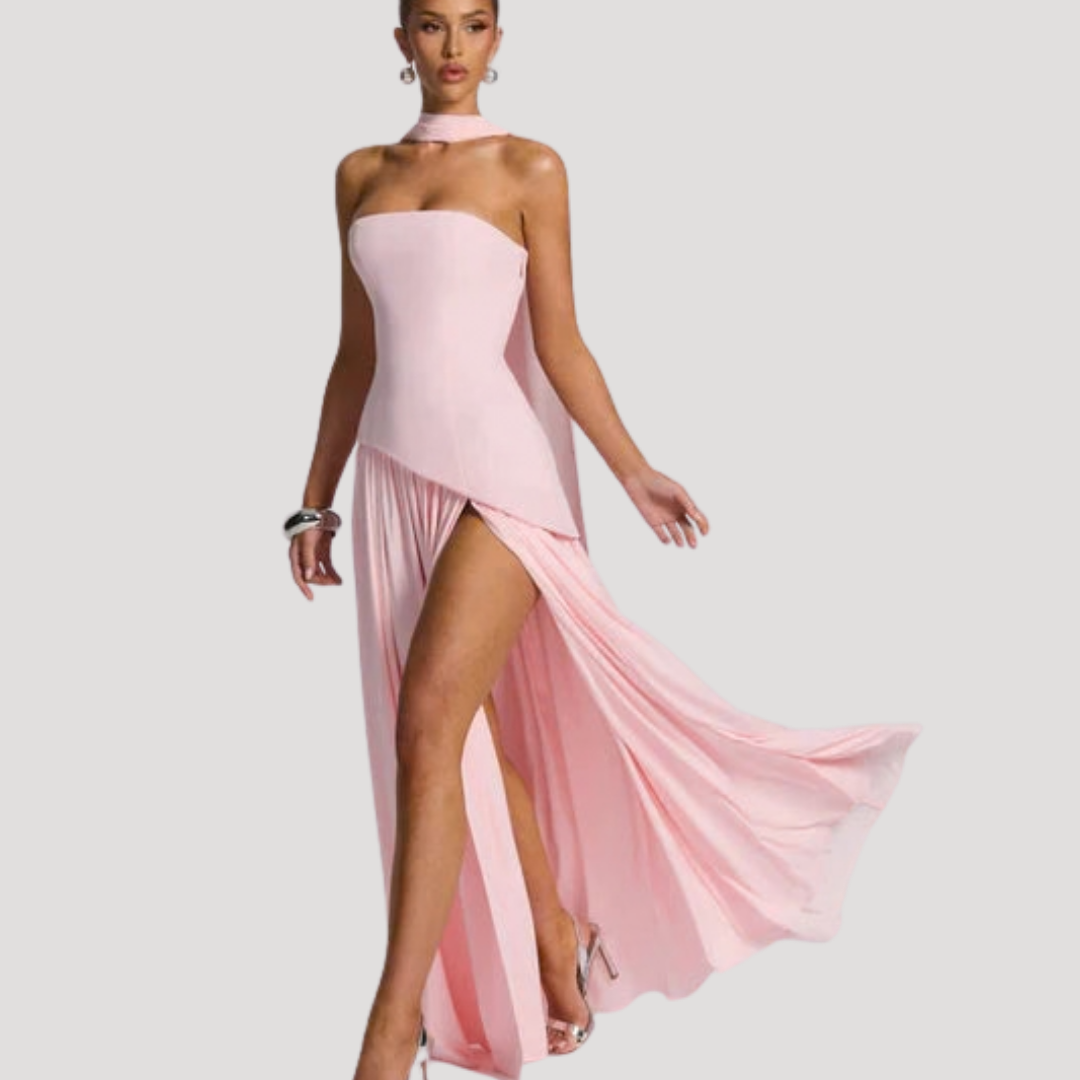 Juliet – Strapless Pleated Maxi Dress with Neck Scarf Detail