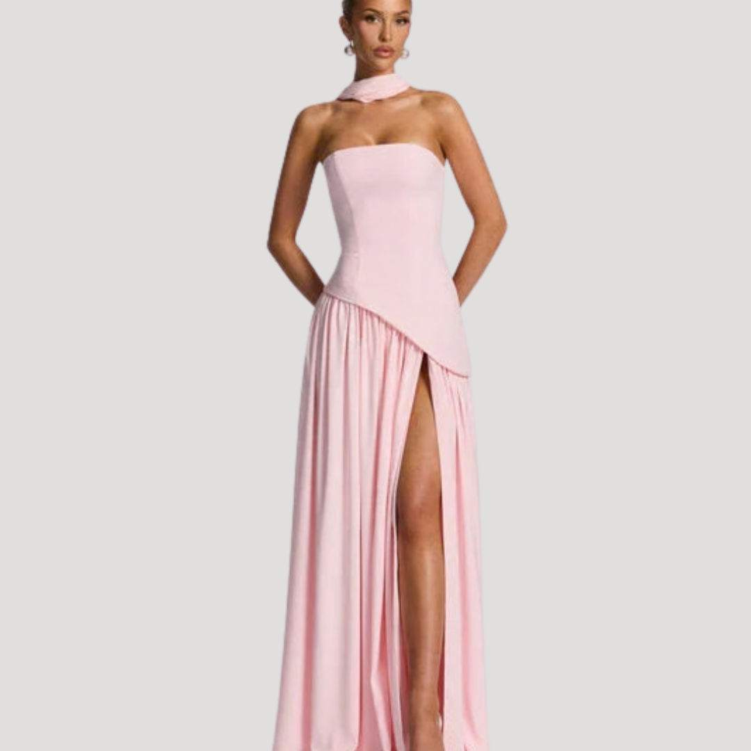 Juliet – Strapless Pleated Maxi Dress with Neck Scarf Detail