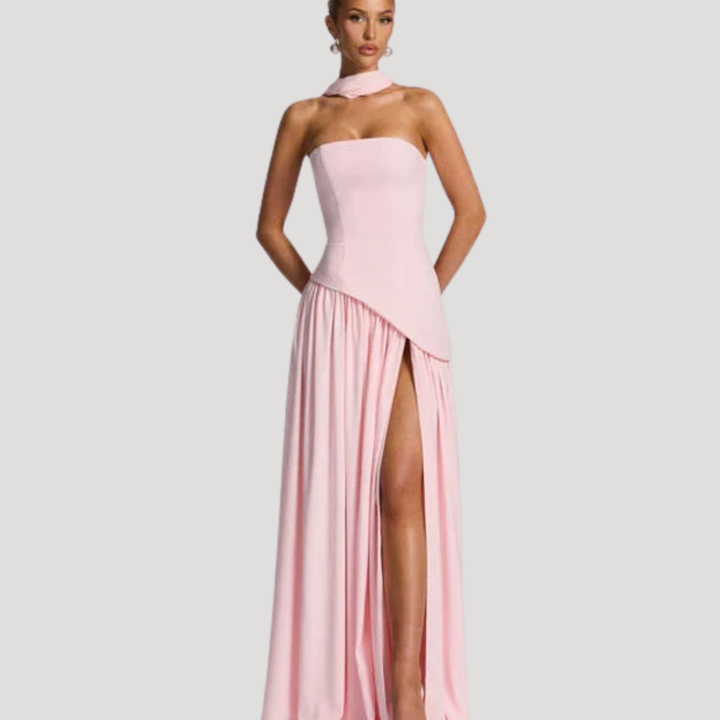 Juliet – Strapless Pleated Maxi Dress with Neck Scarf Detail
