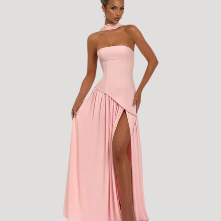Juliet – Strapless Pleated Maxi Dress with Neck Scarf Detail