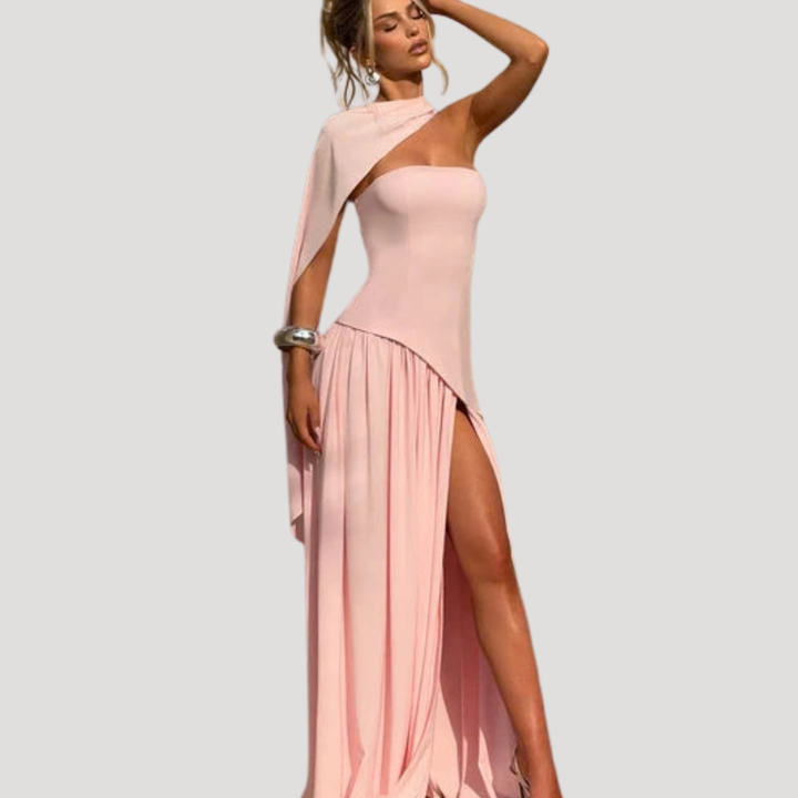 Juliet – Strapless Pleated Maxi Dress with Neck Scarf Detail