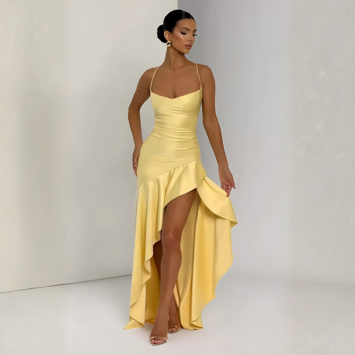 June – Cowl Neck Maxi Dress with High Slit and Ruffle Hem