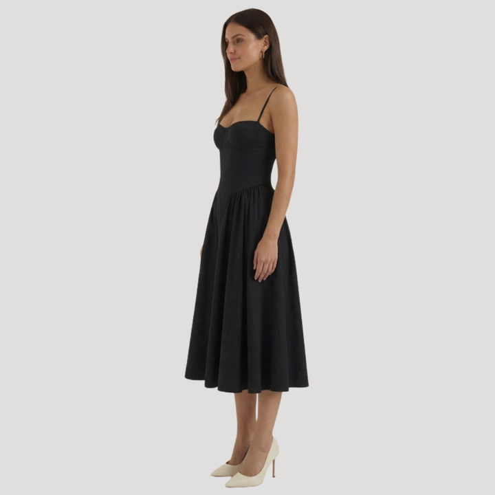 Kendra – Bustier Midi Dress with Gathered A-Line Skirt