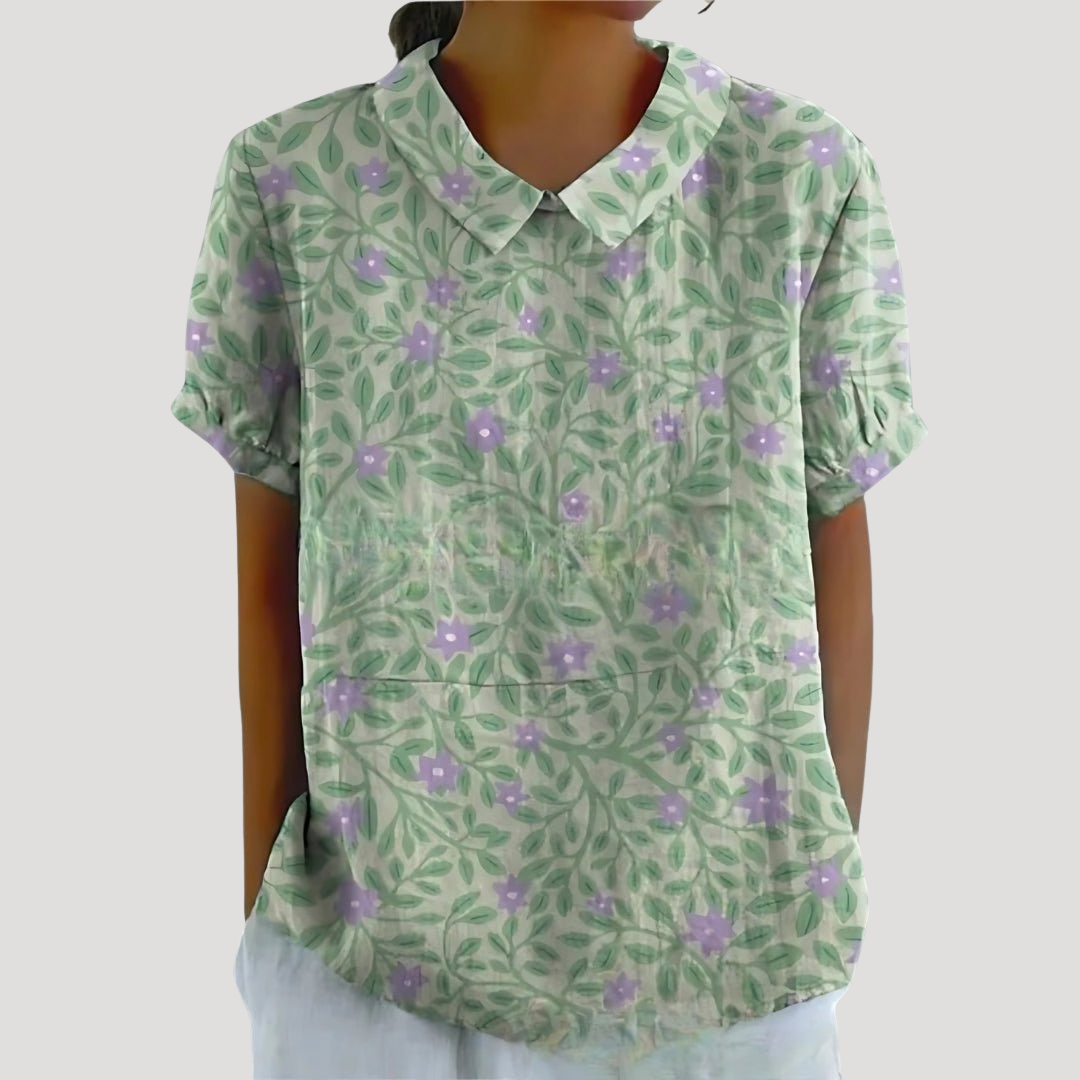 Lana – Floral Print Collared Short Sleeve Blouse