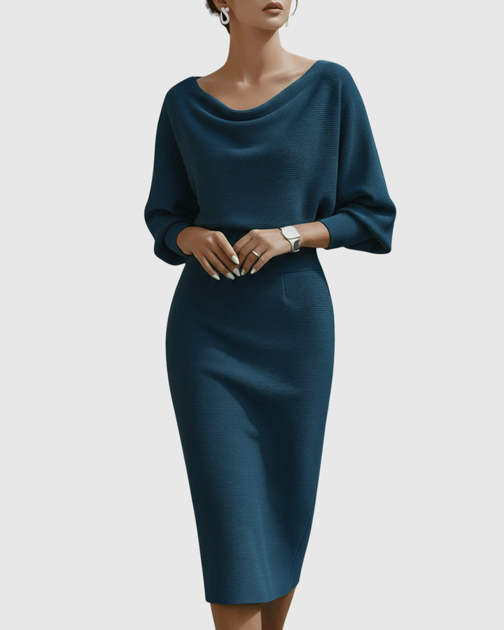 Genevieve – Draped Cowl-Neck Bodycon Midi Dress