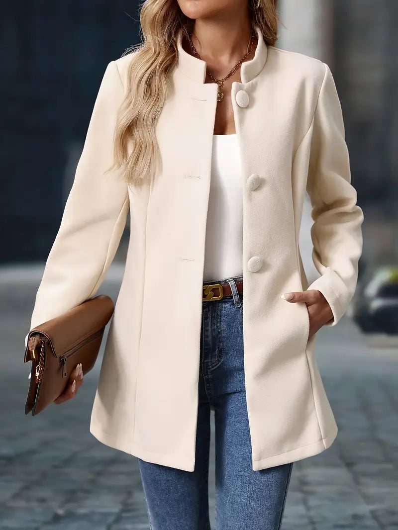 Liv – Stand-Collar Longline Blazer with Covered Buttons
