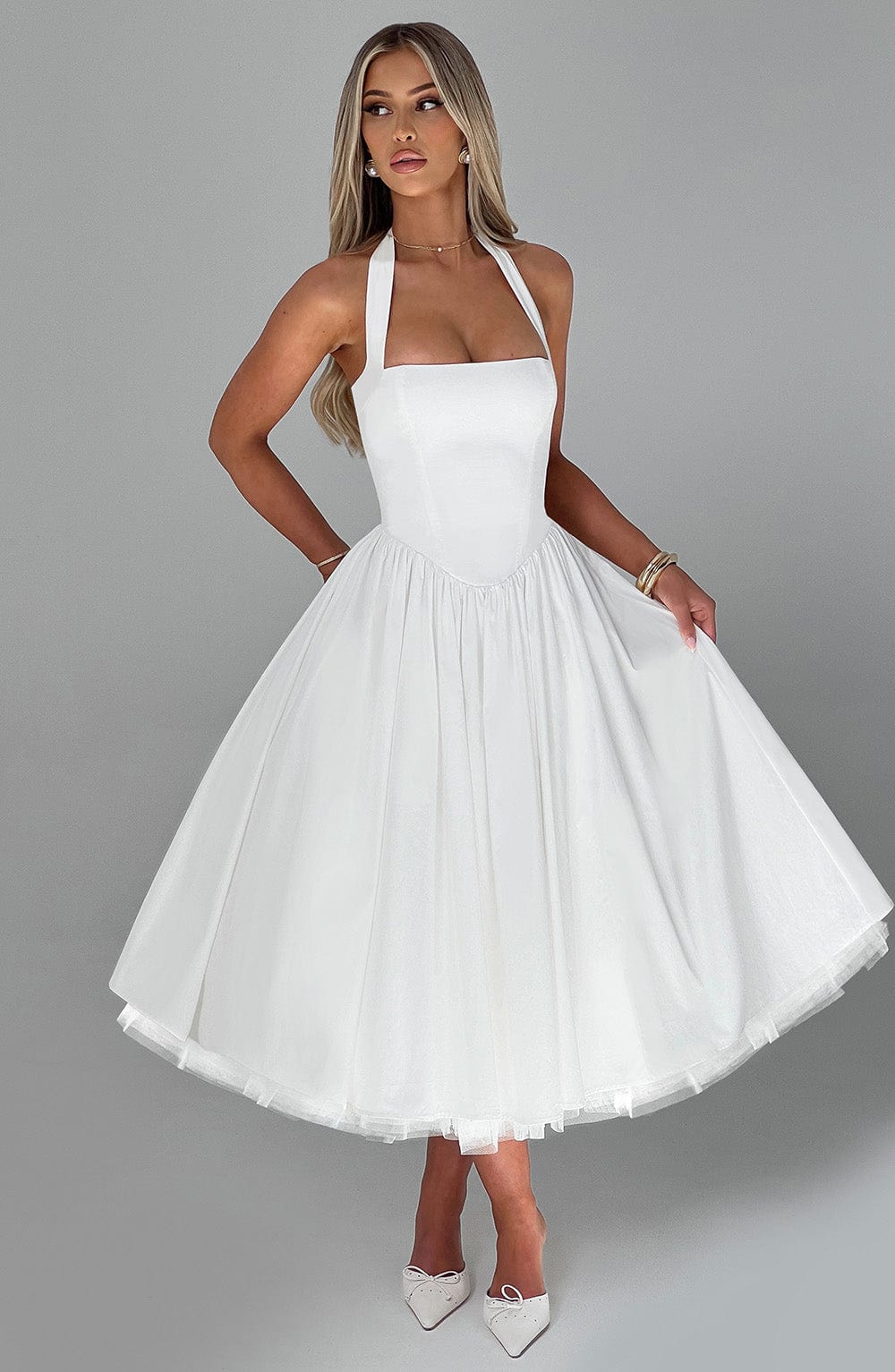 Emily – Halter A-Line Midi Wedding Guest Dress