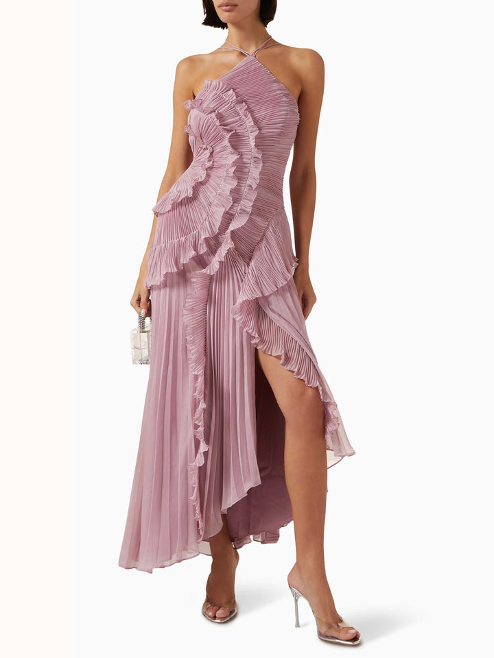 Vivienne – Pleated Halter Maxi Dress with Cascade Ruffle