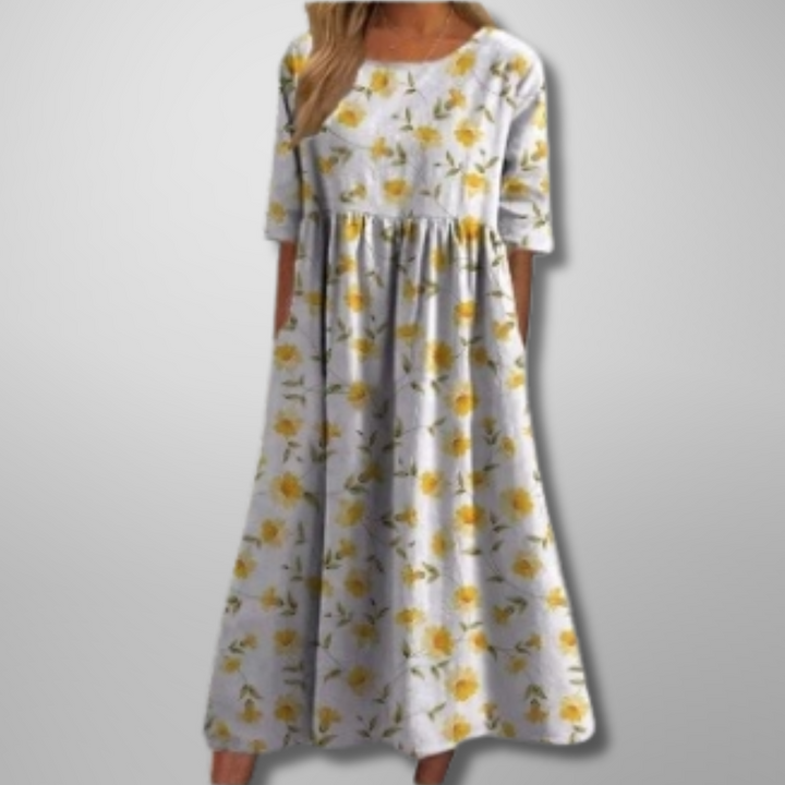 Carolyn – Elegant Floral Midi Dress with a Relaxed A-Line Silhouette