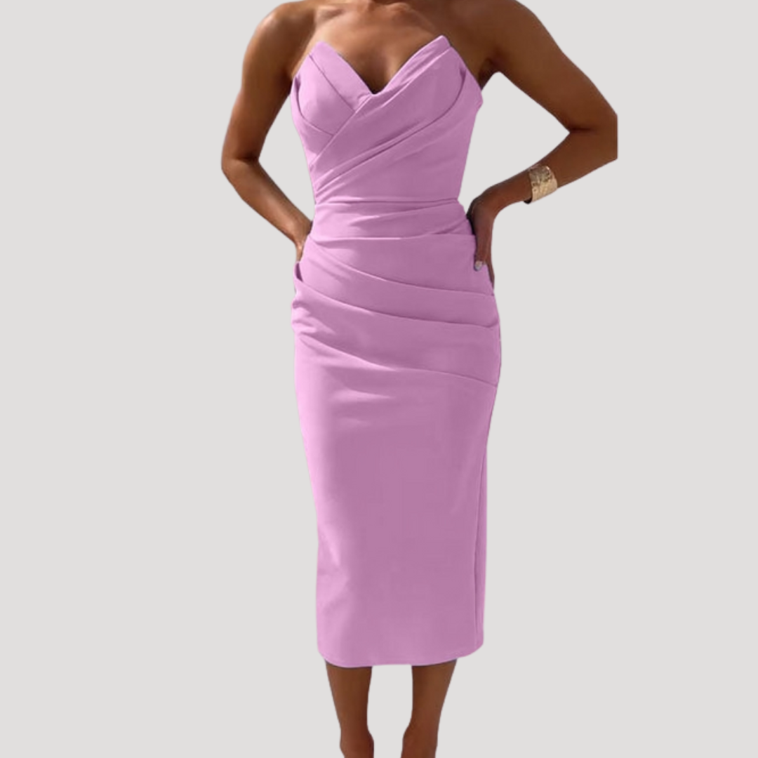 Kendall – Strapless Ruched Bodycon Midi Dress