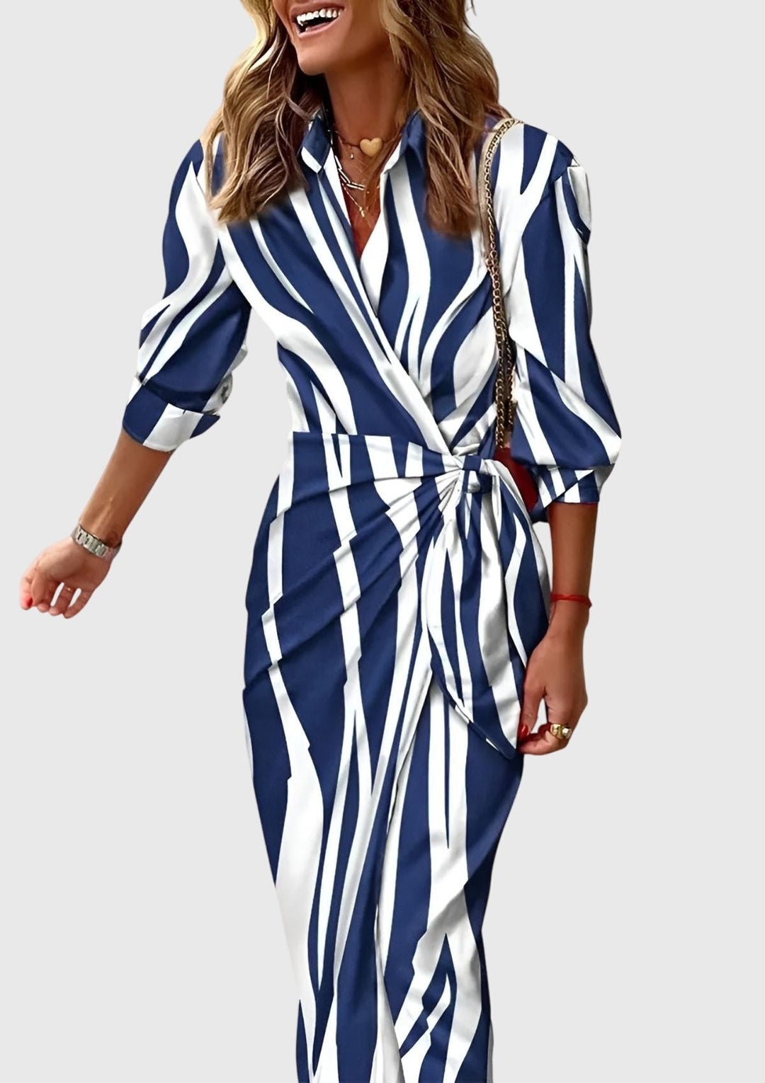 Marlene – Long-Sleeve Collared Wrap Midi Dress